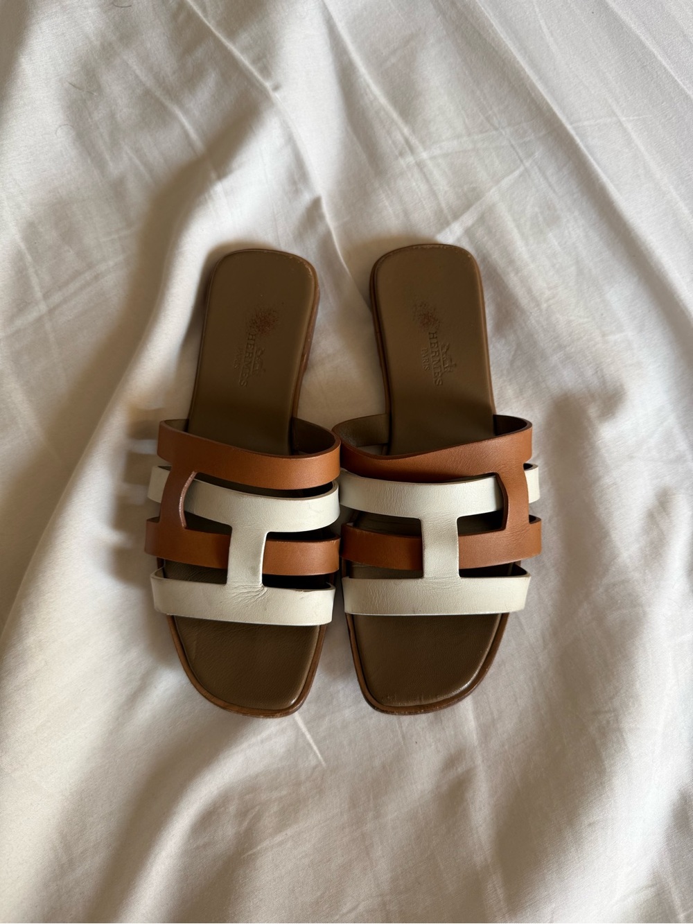 Hermès Oran Two-Tone Brown & White Leather H Slide Sandals, Size 36.5